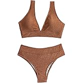 SweatyRocks Women's Solid V Neck High Waist Bikini Set Summer Sparkly Two Piece Bathing Suit