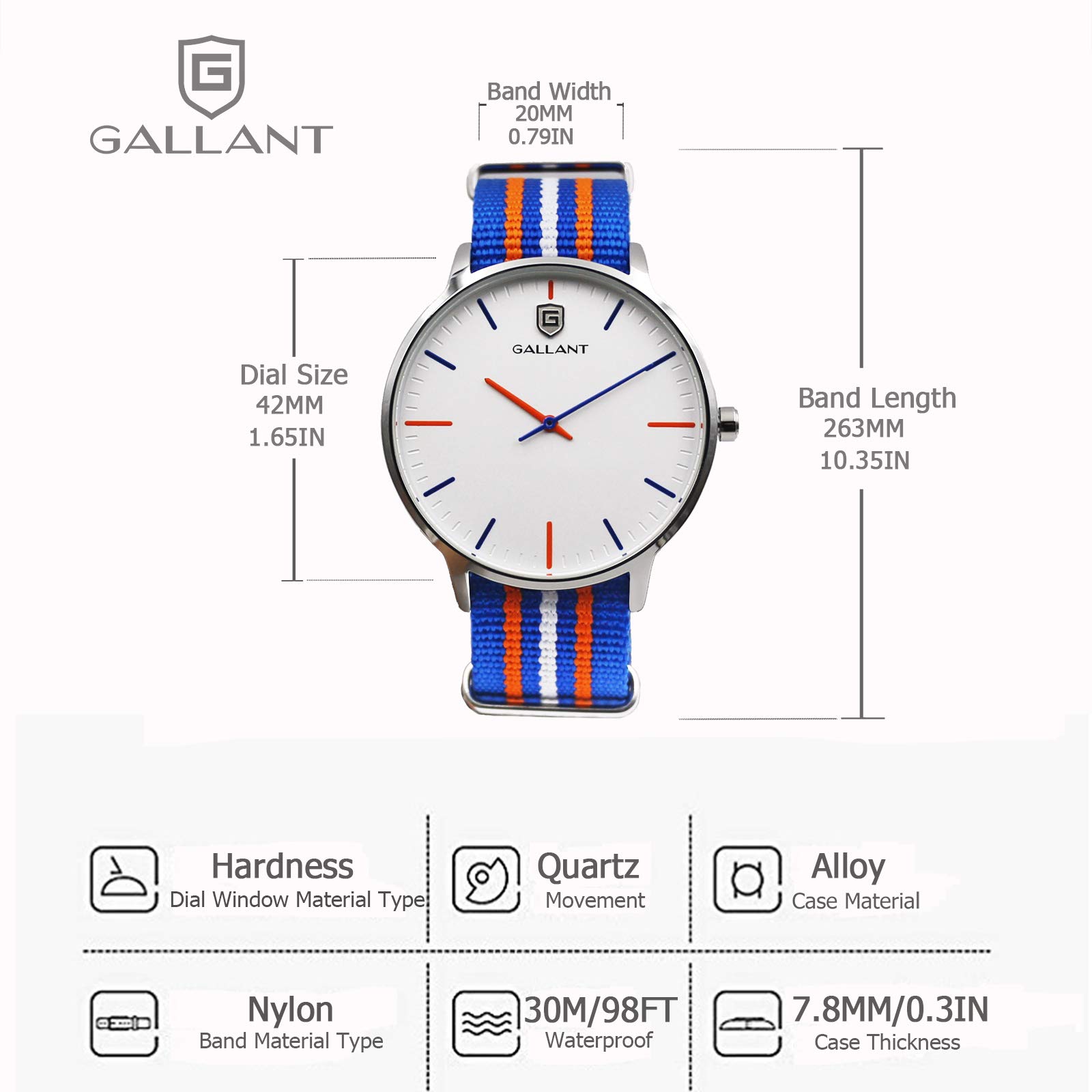 GALLANT Mens Wristwatches Analog Quartz Watches with Multicolor Striped Nylon Strap Band Big Dial Waterproof Wrist Watch Casual