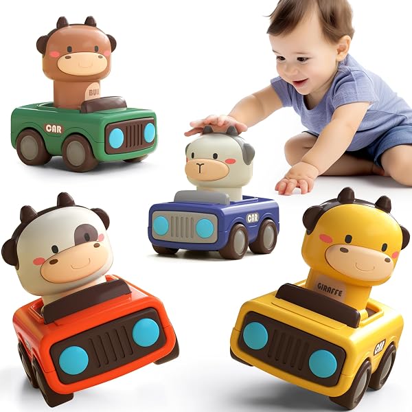iPlay, iLearn Press to Go Car Toys for Toddlers 1-3, Baby Animal Racing Cars, Infant Play Vehicle Set, Baby Push Go Friction