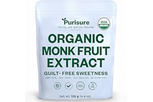PURISURE Organic Monk Fruit Sweetener, 125g (4.41oz), No Fillers Pure USDA Organic Monk Fruit Extract Powder with No Aftertaste, Zero Calorie & Zero Carbs, Keto & Paleo Friendly 320-400 Servings