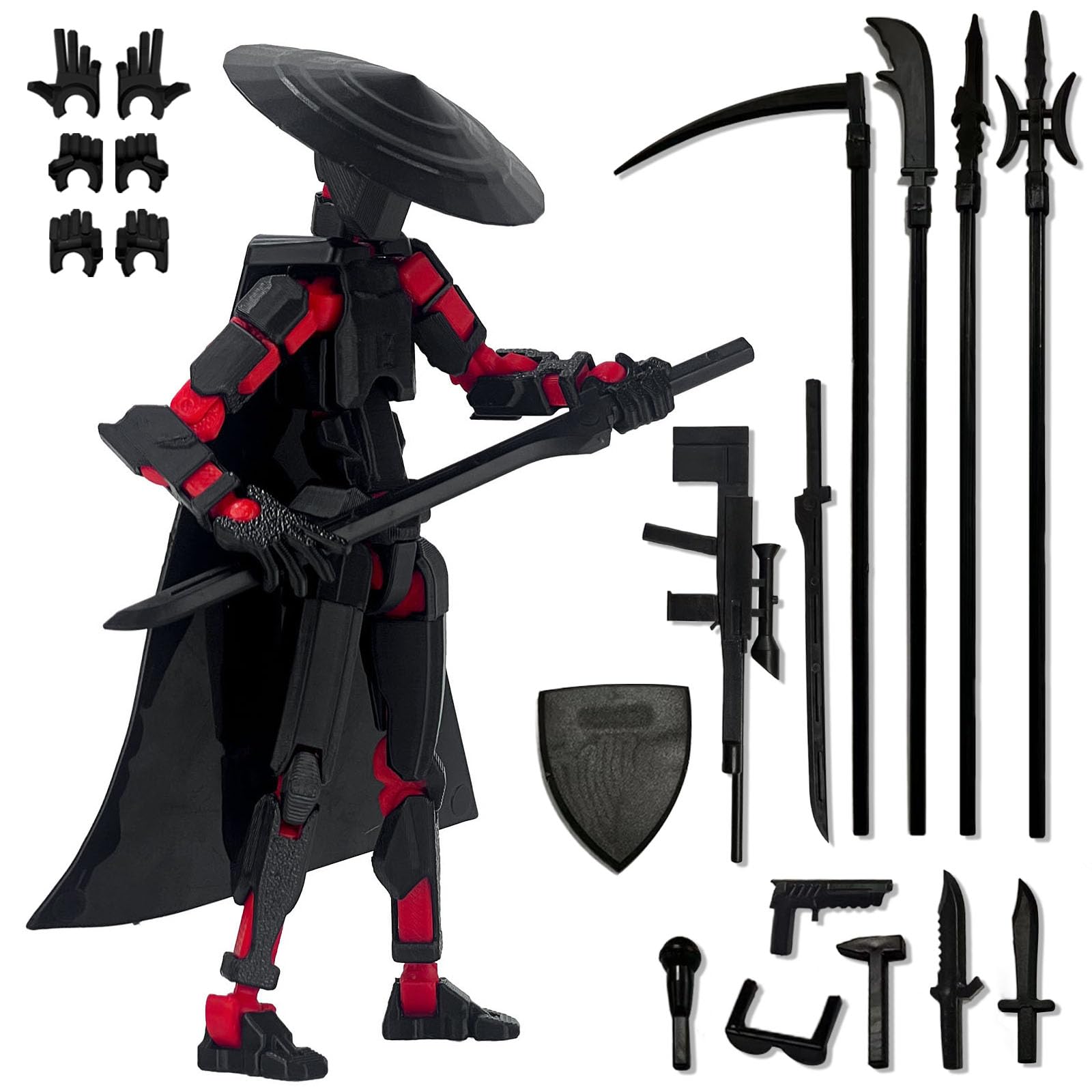 PkghoKids T13 Already Assembled Action Figure Accessories,T13 Multi-Jointed Movable 3D Printed Toys (Black Red)
