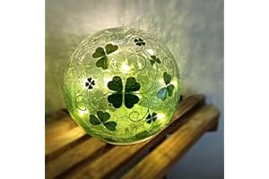 GASTAT St Patrick's Day Glass Globe Light Led Garden Lamp with Four Leaf Clover Decals Decorative Ball for Tabletop Floor Indoor Outdoor Decoration