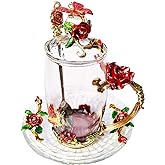 LANTREE Fancy Glass Tea Cup with Lid Saucer Spoon Flower Coffee Mug Unique Birthday Gift for Friend Female Mother-in-Low Daughter House Warming Gift(Tall Red)