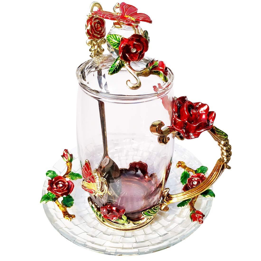 LANTREE Coffee Mug Teacup with Lid Spoon Saucer Daughter Sister Mother-in-Low Best Friend Thank You Gift(350ml Red)