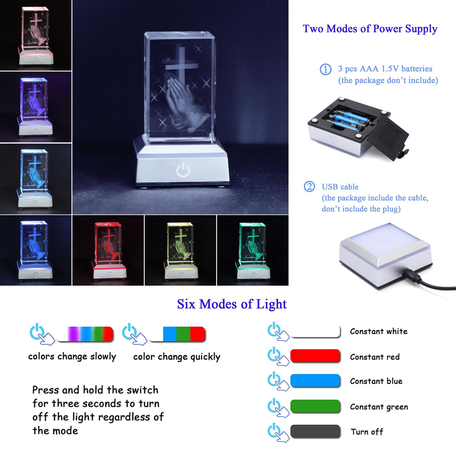 KOMI 3D Crystal Figurine Statue with LED Light Base, Laser Engraved Praying Hand Cross Statues Religious Gifts for Women Men, Night Light for Bedroom, Christian Catholic Gifts