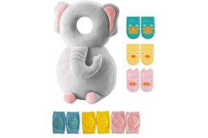 JunNeng Toddler Baby Head Protector Backpack for Toddler Walker with Knee Pads&Anti-Slip Socks, Elephant