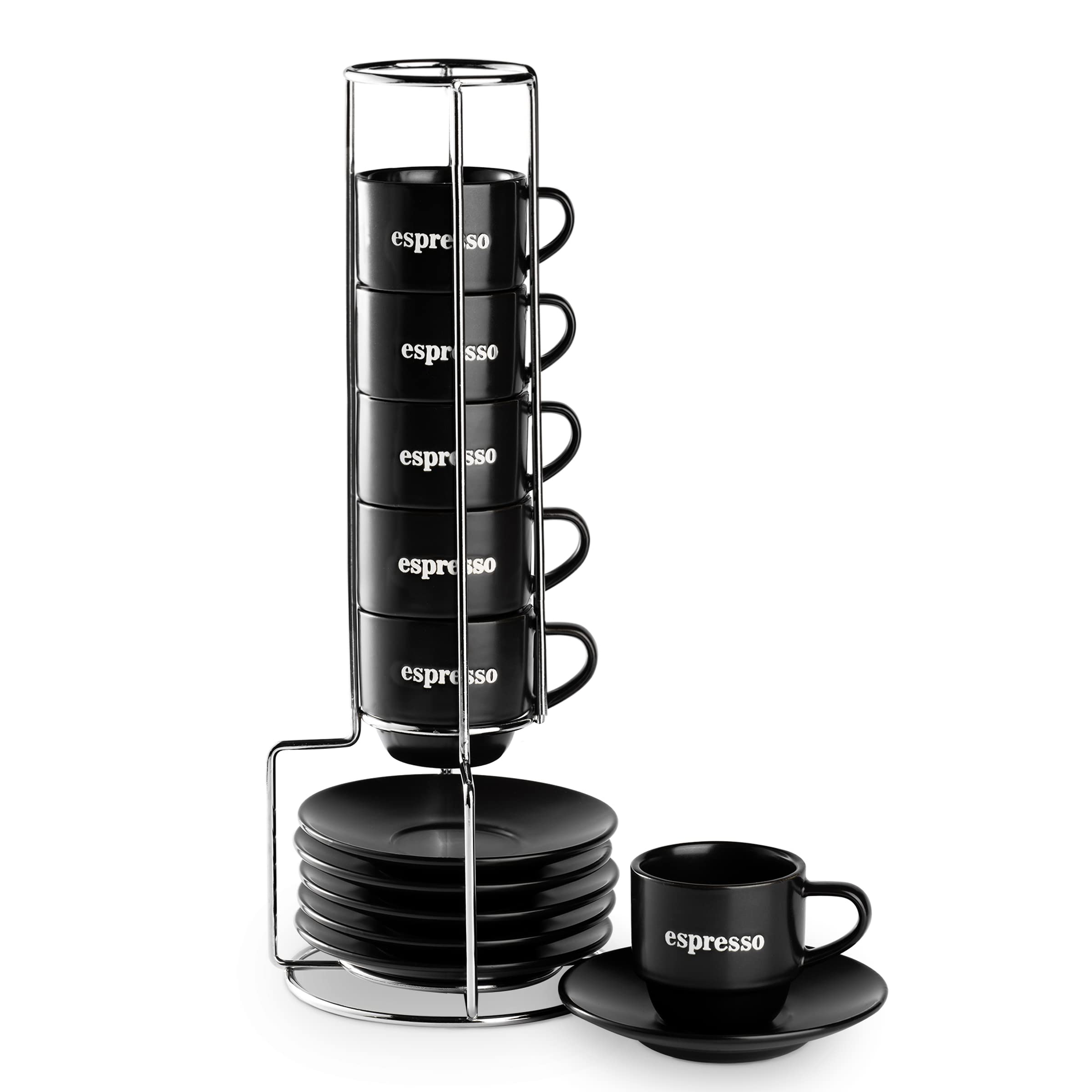 Photo 1 of LYEOBOH Espresso Cups with Saucer Set, Porcelain Coffee Mugs Set and Metal Stand, 4 OZ Stackable Demitasse Cup for Latte, Cafe Mocha, Tea Cups, Set of 6, Silver