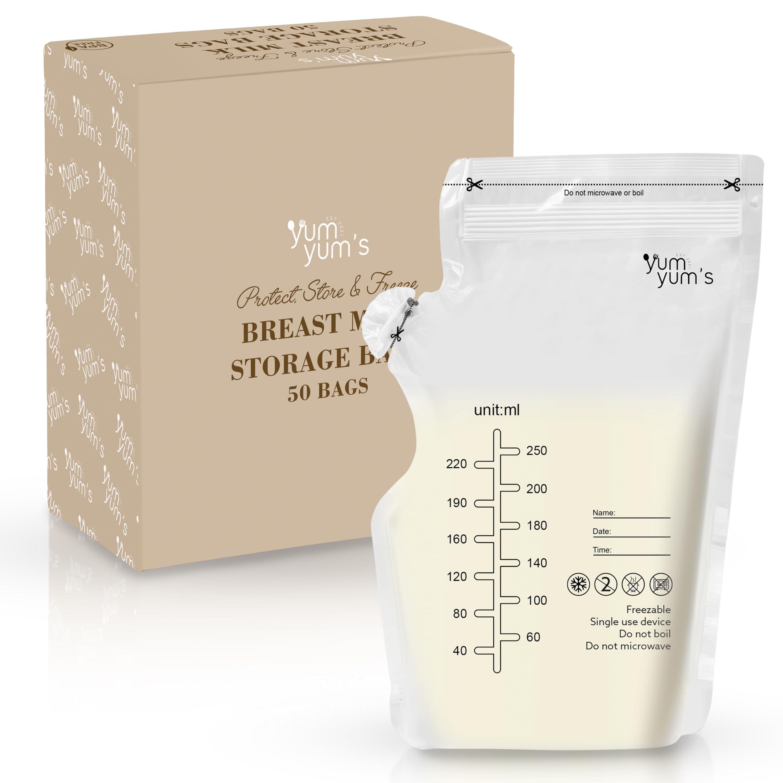 Yum Yum's 50 Pcs x 250ml Breast Milk Storage Bags - Disposable No-Leak Pouches w/Secure Double Zipper Seal & Pour Spout - Pre-Sterilised Freezer Bags - Easy Labeling for Date & Volume