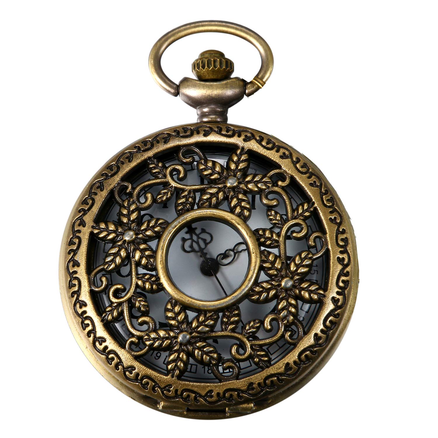 JewelryWe Retro Design Bronze Flower Floral Openwork Cover Pocket Quartz Watch with 31.5 Inch Chain