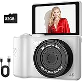 4K Digital Camera for Photography, 64MP Vlogging Camera for YouTube Video with 180° Flip Screen, 16X Zoom Anti-Shake Compact Point and Shoot Digital Cameras with 32GB TF Card for Beginner, White