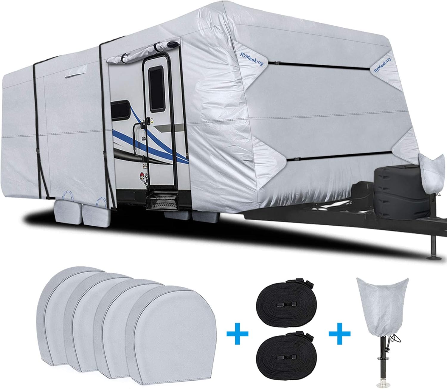 RVMasking Waterproof Travel Trailer RV Cover, Ripstop Camper Cover with 4 Tire Covers & Tongue Jack Cover, 22'1 - 24'