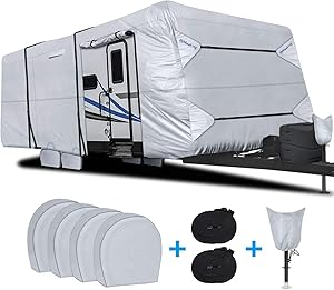RVMasking Waterproof Travel Trailer RV Cover, Ripstop Camper Cover with 4 Tire Covers & Tongue Jack Cover, 22'1 - 24'