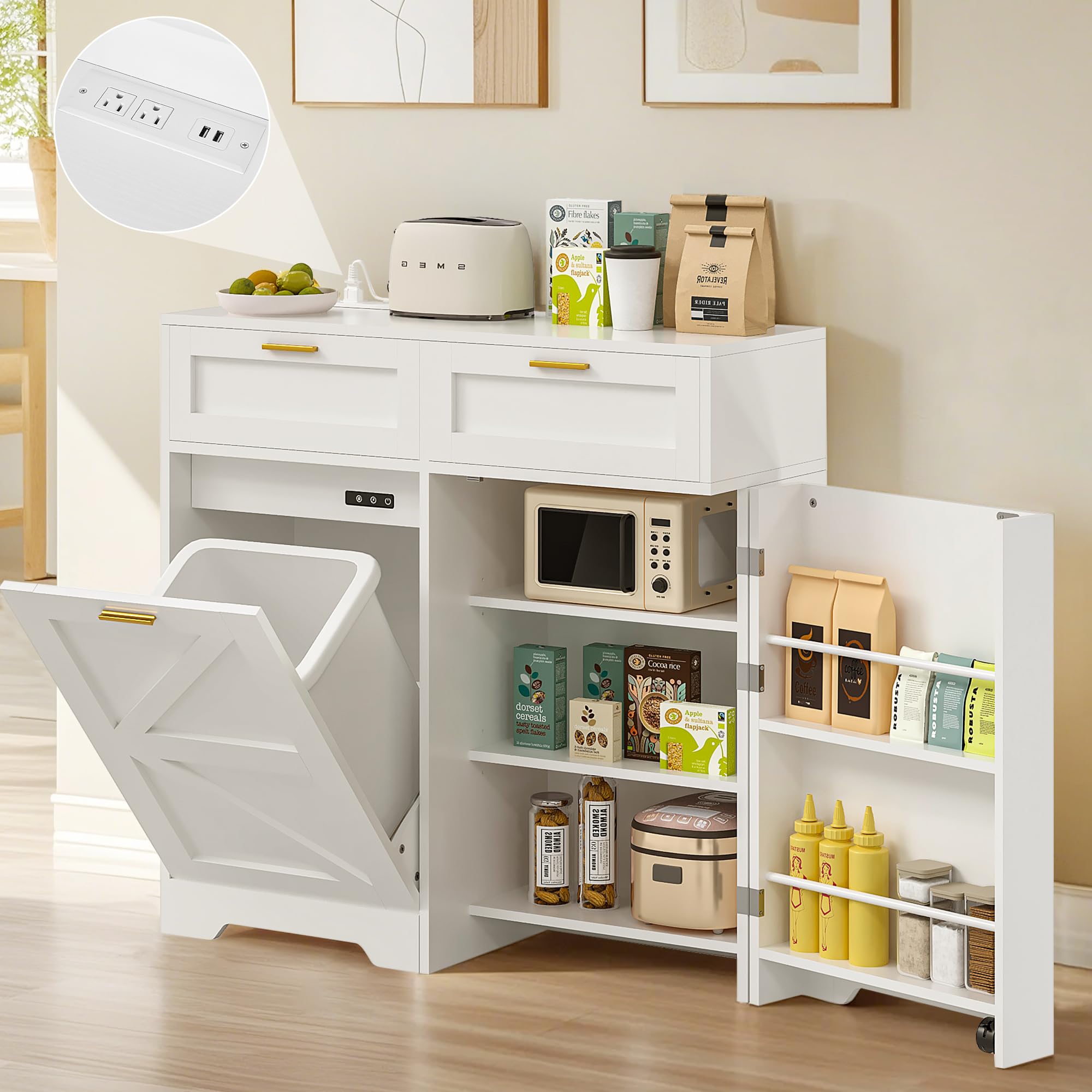 Photo 1 of ***used****VECELO Tilt Out Trash Can Cabinet, Trash Bin Cabinet with Charging Station, Kitchen Garbage Cabinet with 2 Drawers & Adjustable Shelves for Kitchen Living Room, Pet Proof, White