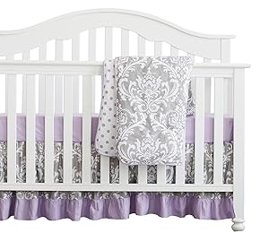 3 pcs set Boho Floral Ruffle Baby Minky Blanket Baby Nursery Crib Skirt Set Baby Girl Crib Bedding (Grey Purple)