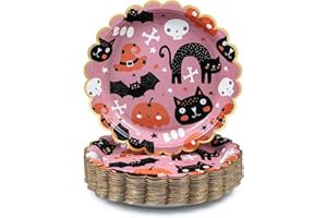 Confettiville Halloween Paper Plates, 50-Count Disposable Halloween Dinner Plates, Scalloped, Party Supplies, Cute Bats, Jack-O-Lanterns, Cats, Skulls, Pink