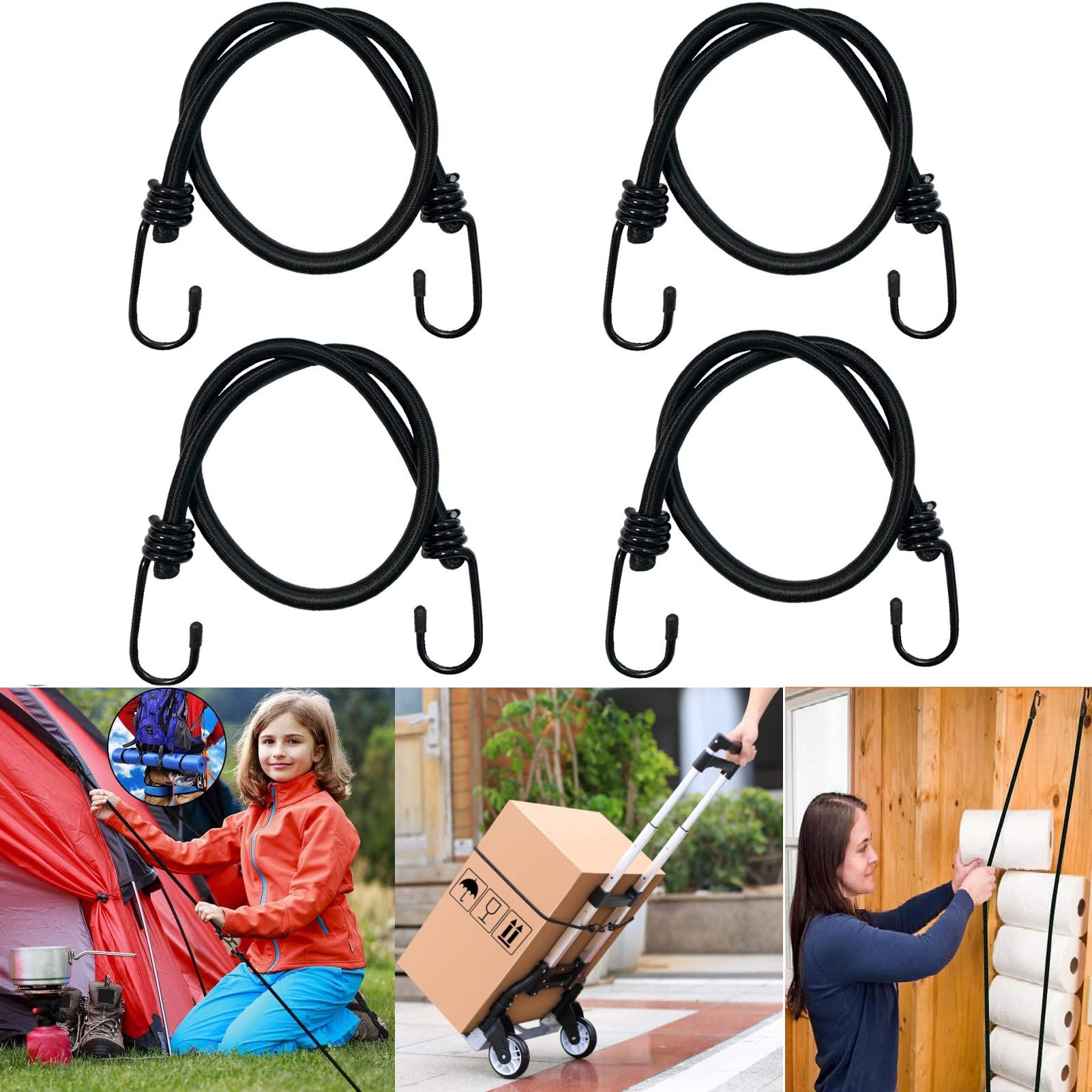 Bungee Cords with Hooks Heavy Duty Elastic Bungee Ropes Luggage Straps 4Pcs 24"/60cm Tarp Fixings Weatherproof & UV-Resistant Bungees Straps for Tent Car Trunks Camping Luggage Racks,Black