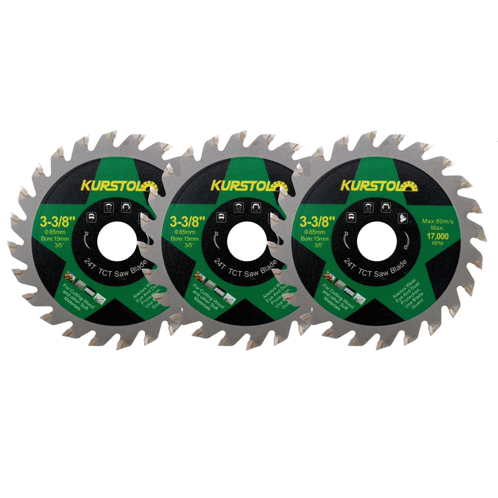 KURSTOL TCT Wood Cutting Disc - 3pcs 85mm x 15mm 24T Carbide Cutting Wheel for Wood Plastic