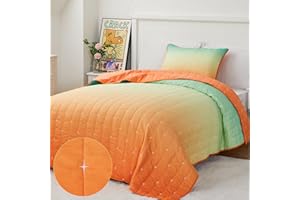 SUCHBED Twin Size Quilt Set for Kids Lightweight Bedspread Twin Quilt Bedding Set Twin XL Bed Spread Star Quilted Bedspread Coverlet Orange Bed Set with Sham 2 Pieces, Orange Green Gradient