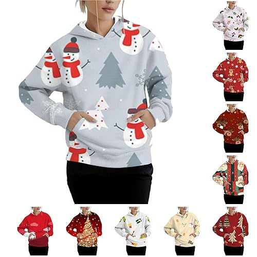 DUHGBNE xmas hoody Christmas Hoodies for Women Uk Oversized Xmas Theme Graphic Print Hooded Sweatshirts Loose Fit Warm Fleece Long Sleeve christmas cardigan