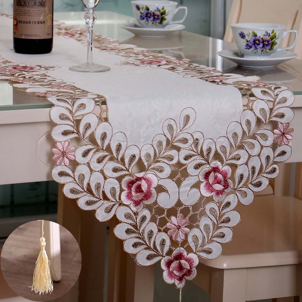 TEERFU Table Runner 40x176cm, Washable Wedding Tea Table Cover Decoration Hollow Mesh Floral Tablecloth Vintage Embroidered Flowers Table Runner for Home,Party,Banquet