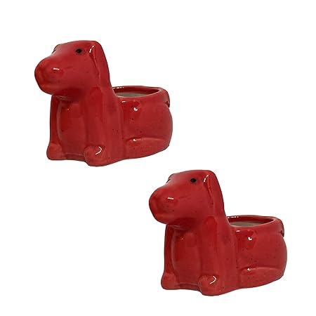 ShopMeFast Glossy Dog Shape Miniature Ceramic Pots Ceramic Planter for Home Decor,Garden Decor,Decorative Succulents Pot (Color: Red)(L:9 cm, W:7 cm, H:7 cm) (Pack of 2)