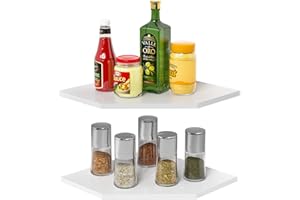 Greatseas Corner Floating Shelves for Wall Storage, Set of 2 Wall Mounted Corner Shelves with Wire Hole for Speaker, Baby Monitor, Hanging Display Shelf Organizer for Living Room Kitchen, Bamboo White