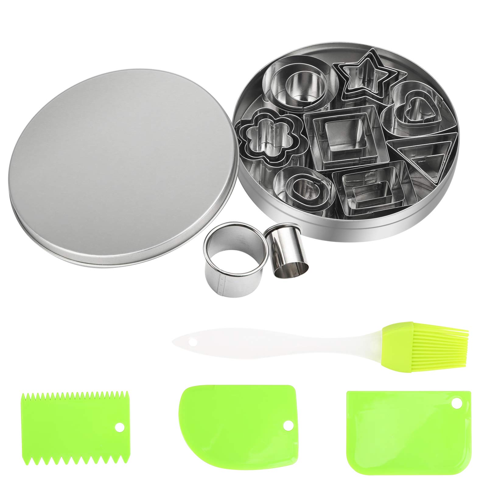 LAMEK 24pcs Mini Cookie Cutters,Stainless Steel Biscuit Cutter Molds Set Triangle Round Oval Flower Heart Rectangle Square Pentagram with Cutting Scraper Silicone Brush for DIY Baking Pastry