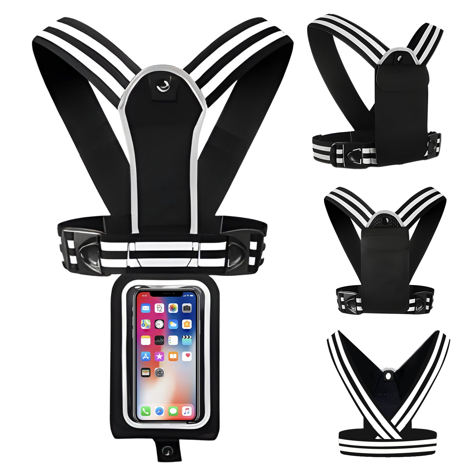 Mokeum Running vest Phone Holder, Reflective Running Vest with Adjustable Waistband and Detachable Waterproof Phone Pouch for Men and Women