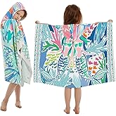 Girls' Hooded Bath Towel, Oversized 50" L x 30" W for Ages 3 to 12 Kids, Quick Dry Lightweight Soft Microfiber Hood Beach Towel Cover Up, Colorful Mermaid Theme