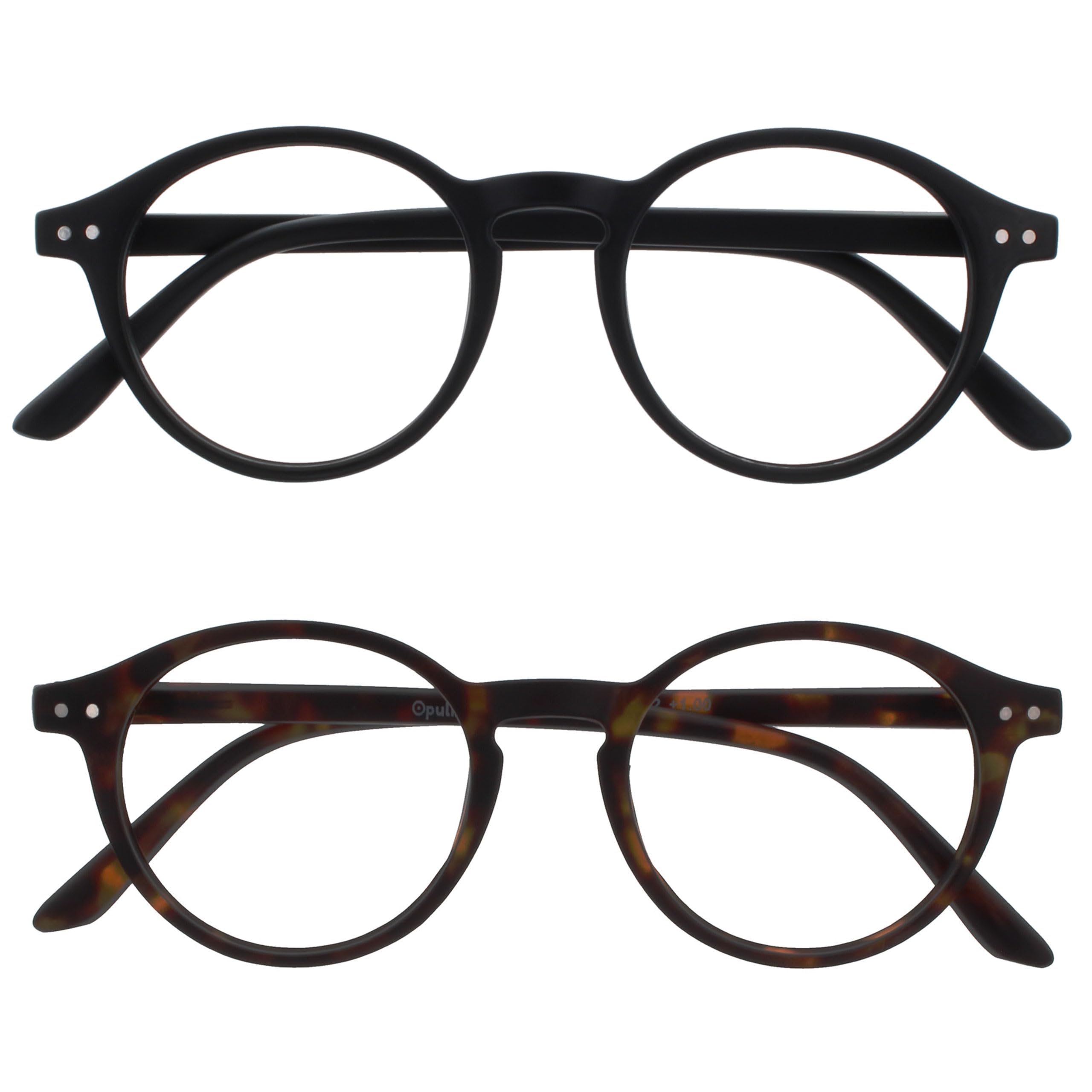 OPULIZE REY Reading Glasses - 2-Pack - Retro Round Frame - Matt Black, Brown Tortoiseshell - Mens Womens - Spring Hinges - RR56-12 - +2.50