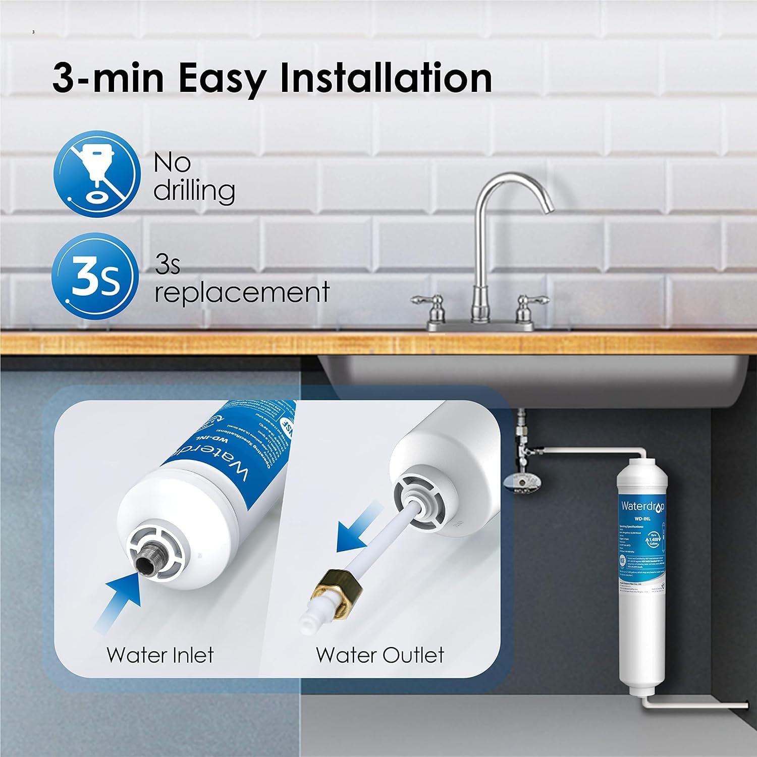 Waterdrop Inline Water Filter for Refrigerator and Ice Maker, NSF Certified High Capacity Drinking Water Filtration System with Direct Connect Fittings, Reduces Chlorine, PFAS/PFOA/PFOS