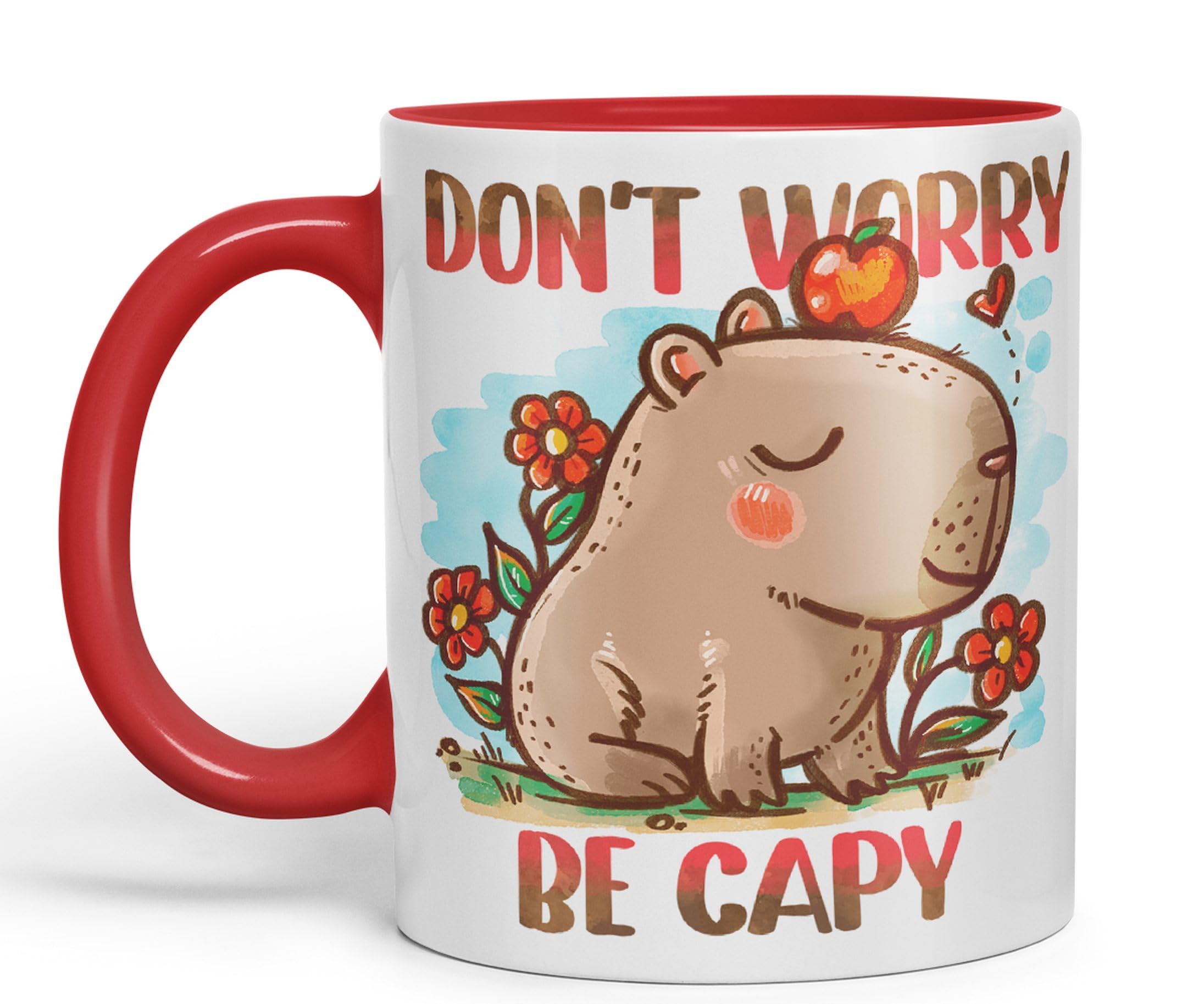 Vixar Capybara Don't Worry Be Capy Kawaii Joke Coloured Ceramic Mug Cup Gift 330ml 11oz Work Office Tea Coffee (Red)
