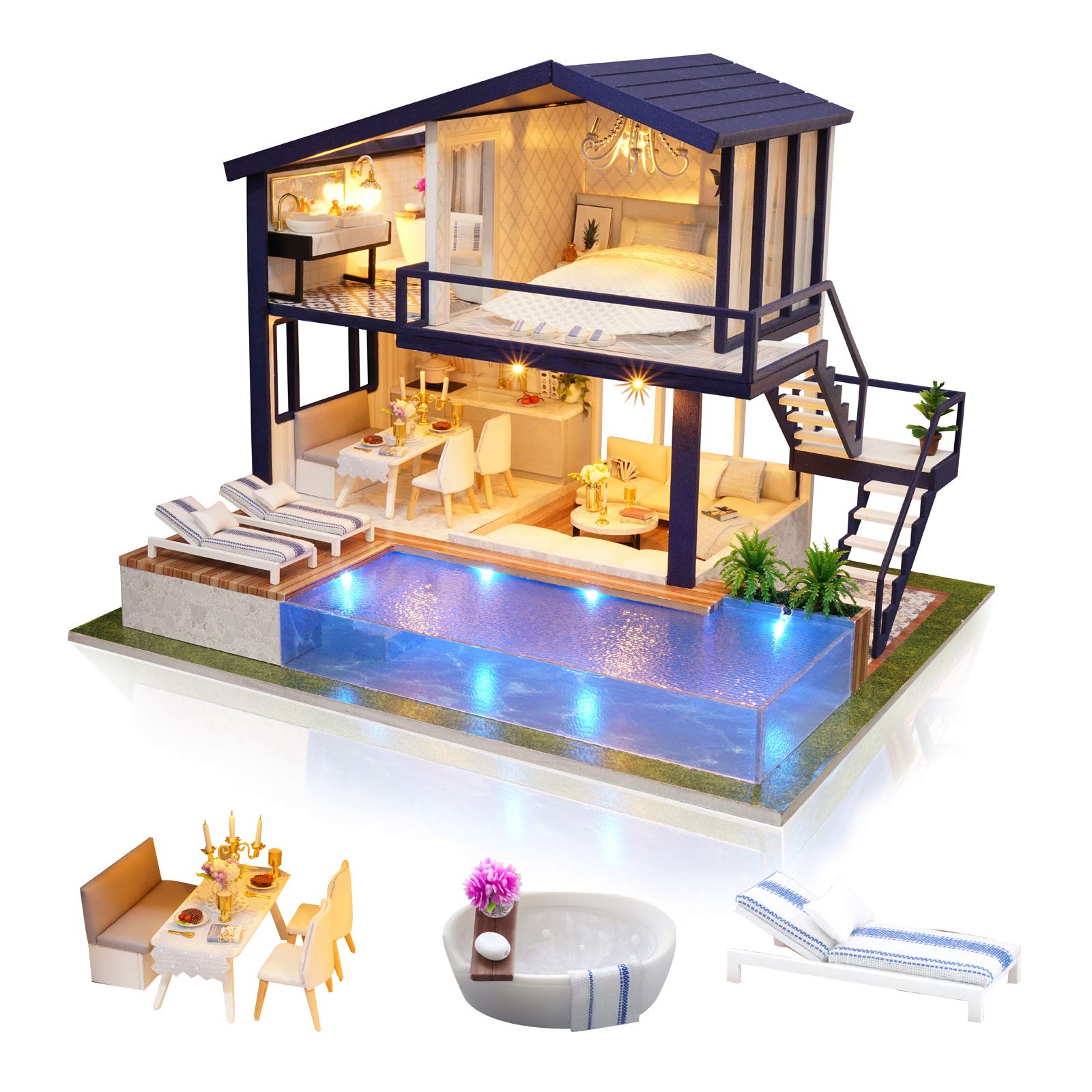 Cuteefun Miniature DIY Dolls House Kit, Wooden Doll house Kit with Furniture, Swimming Pool, Music Box, Handmade Crafts for Adults Birthday, Valentine's Day Father's Day(Time Apartment)