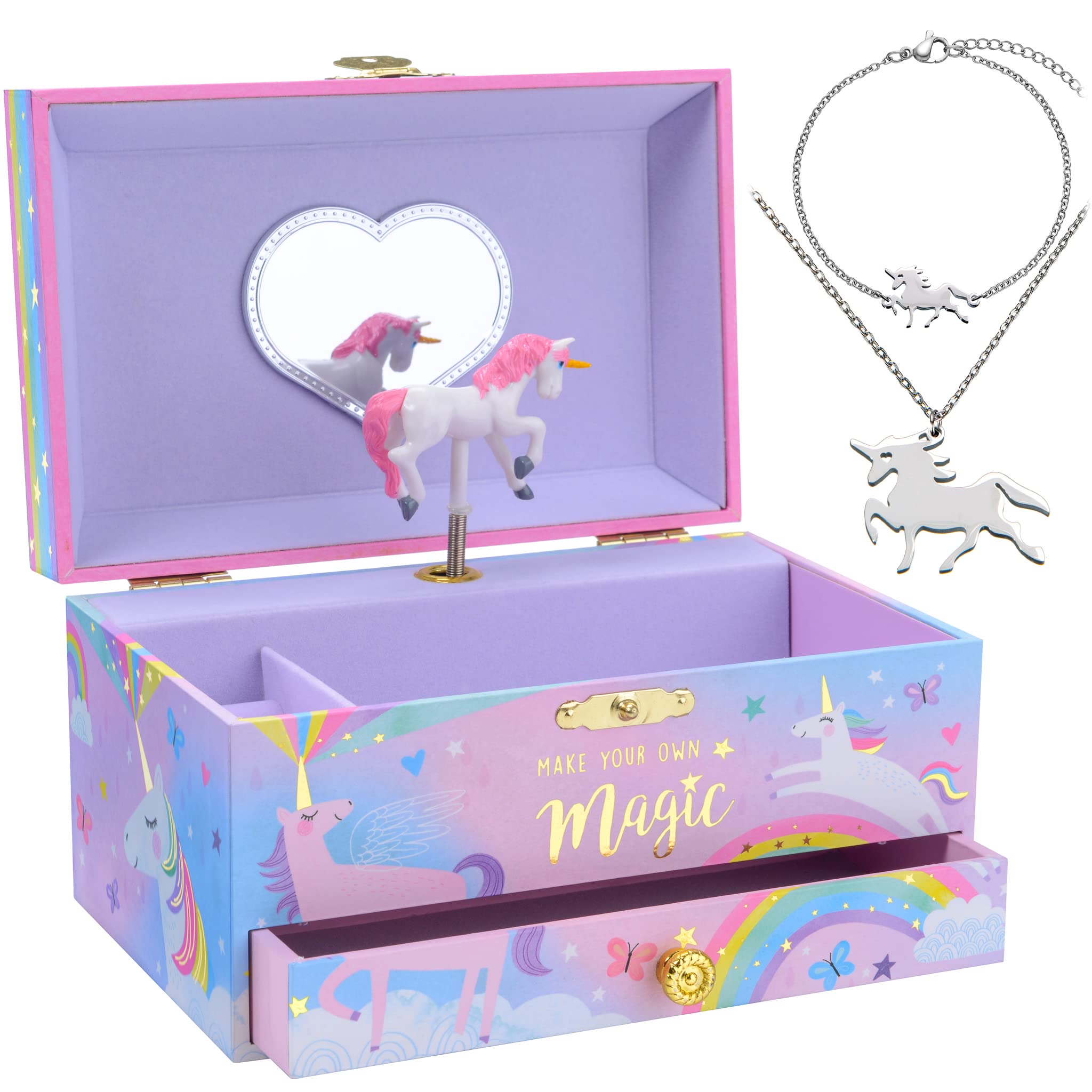 Jewelkeeper Unicorn Musical Jewellery Box for Little Girls - Kids Jewelry Storage with Pullout Drawer - Music Jewellery Case with Necklace and Bracelet - Pine Fiberboard Construction, 17.8x11.4x9.8 cm