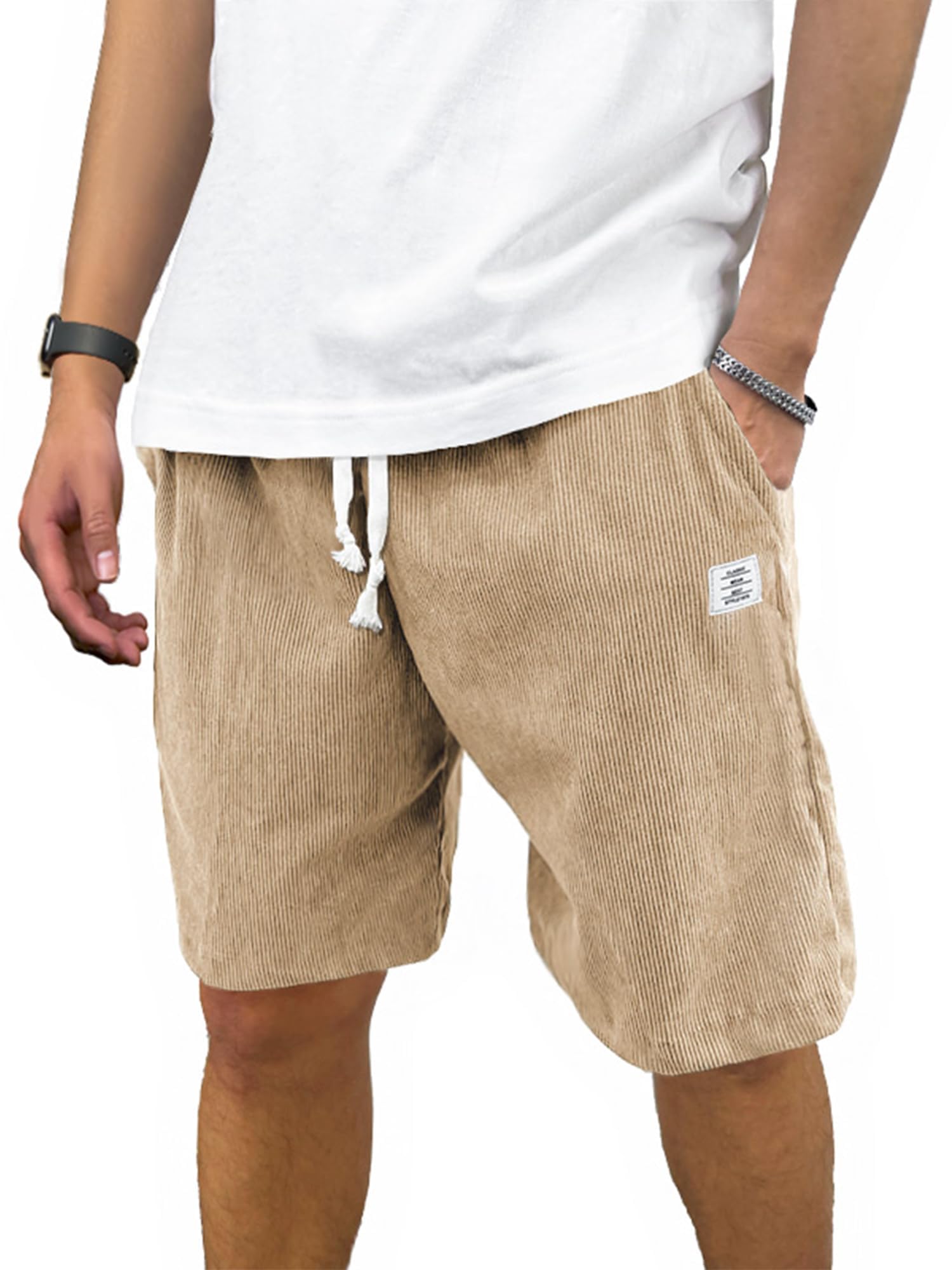 View 1 of *NAVY* PLEPAN Mens Shorts 7 inch Corduroy Casual Short Drawstring Summer Beach Shorts Light Khaki Large