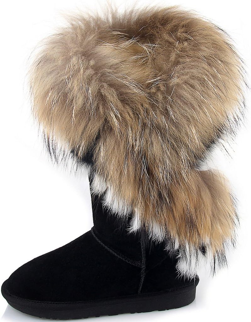 APHNUS Womens Mid Calf Boots Cow Leather Fur Snow Boots