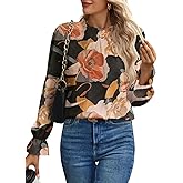 Spriolim Women's Swiss Dot Shirt Ruffle Long Sleeve Pleated Crewneck Blouse Casual Loose Tops