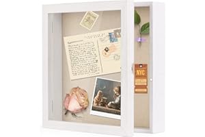 SZQINJI Shadow Box Frame 11x11 Shadow Box Display Case with Linen Back Glass Door Memorabilia Awards Medals Photos Wood Memory Box Rustic White