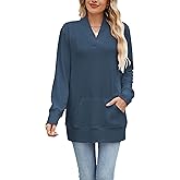 Famulily Womens Long Sleeve Pleated V Neck Sweatshirts Casual Loose Tunic Tops with Kangaroo Pocket