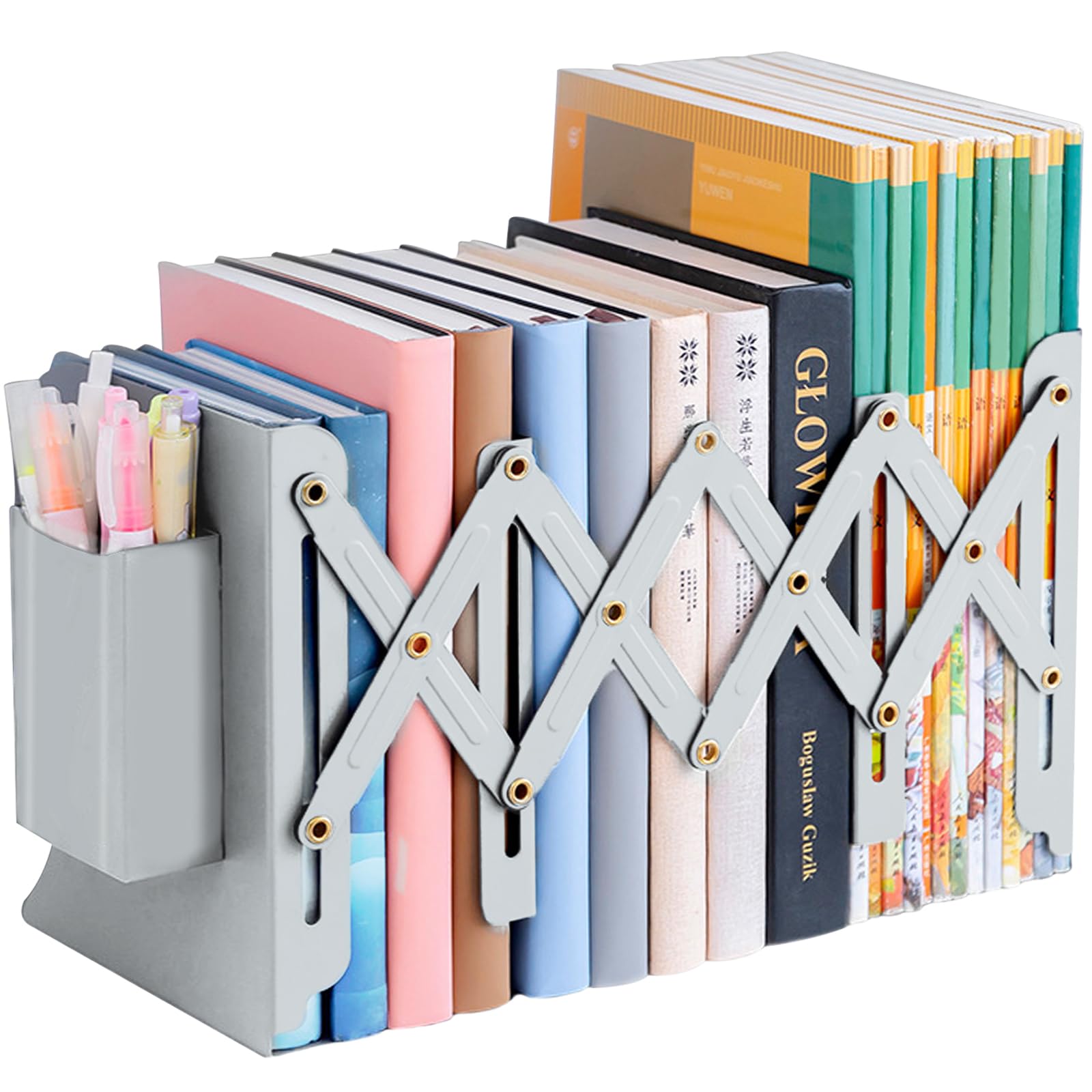Book Ends - Adjustable Metal Book Ends for Shelves, Heavy Duty Expandable Bookends, Desk Bookshelf Book Storage Stand Book Stopper Book Organizer Rack with Pen Holder for Kids Home Office School(Grey)