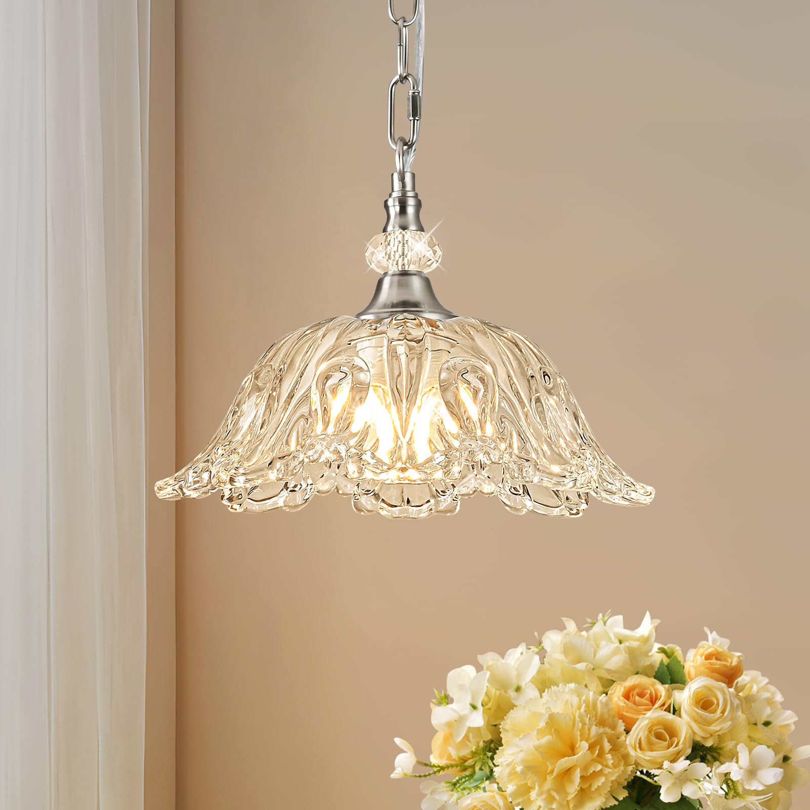 View 1 of 1 Piece Brushed Nickel Chandelier Light Fixtures with Crystal Glass Shade,Brushed Nickel Finish Pendant Light,Hanging Light for Dining Room,Hallway,Living Room,Bedroom