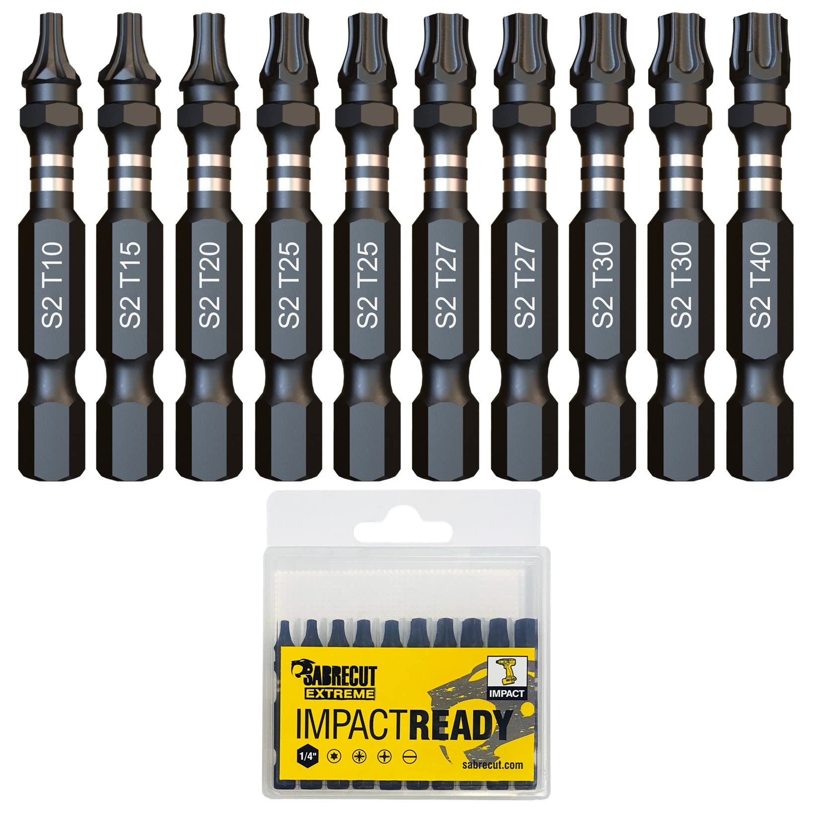 10 x SabreCut SCTKA10 50mm T10 T15 T20 T27 T30 T40 Impact Screwdriver Driver Bits Set Single Ended Torx 10 15 20 27 30 40 Heavy Duty Including Storage Box