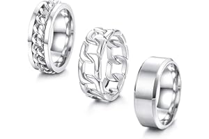 ORAZIO Mens Rings 3Pcs Silver Rings for Men Women Stainless Steel Plain Band Ring Cuban Link Chain Rings Spinner Ring Men's Promise Wedding Rings Set,Size 6-14