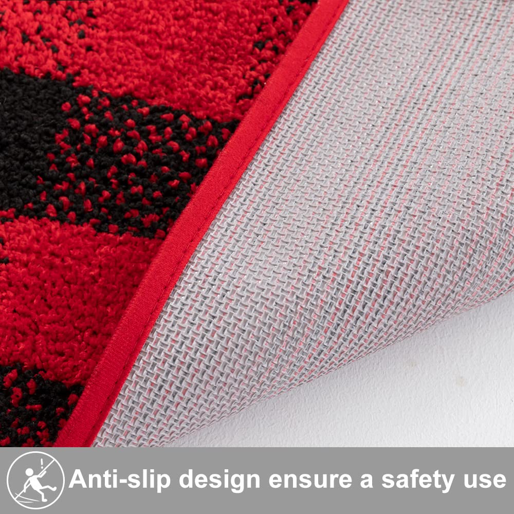 Carvapet 2 Pieces Buffalo Plaid Check Rug Set Water Absorb Microfiber Non-Slip Kitchen Rug Bathroom Mat Checkered Doormat Carpet for Laundry (17"x48"+17"x24", Black&Red) - Image 5