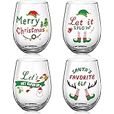Hushee Set of 4 Christmas Wine Glasses Christmas Elf Glasses Drinkware Xmas Stemless Wine Glass for Home Housewarming Creative Gifts Teacher Men Woman Family Friends Coworkers Holiday Party Decor
