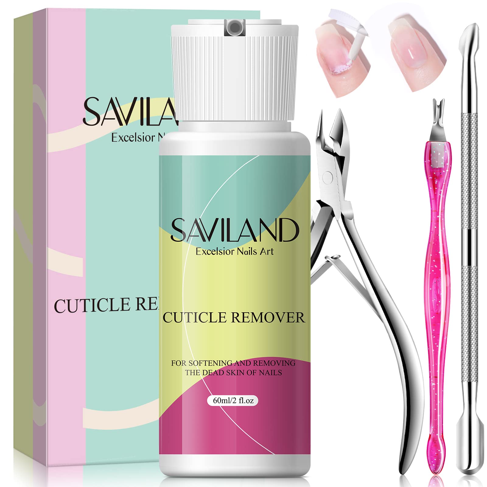 Saviland Upgraded Cuticle Remover Tools Set, 60ml Cuticle Remover Liquid with Cuticle Cutter, Cuticle Trimmer, Cuticle Nipper and Cuticle Pusher, Nail Care Kit for Cuticle Care