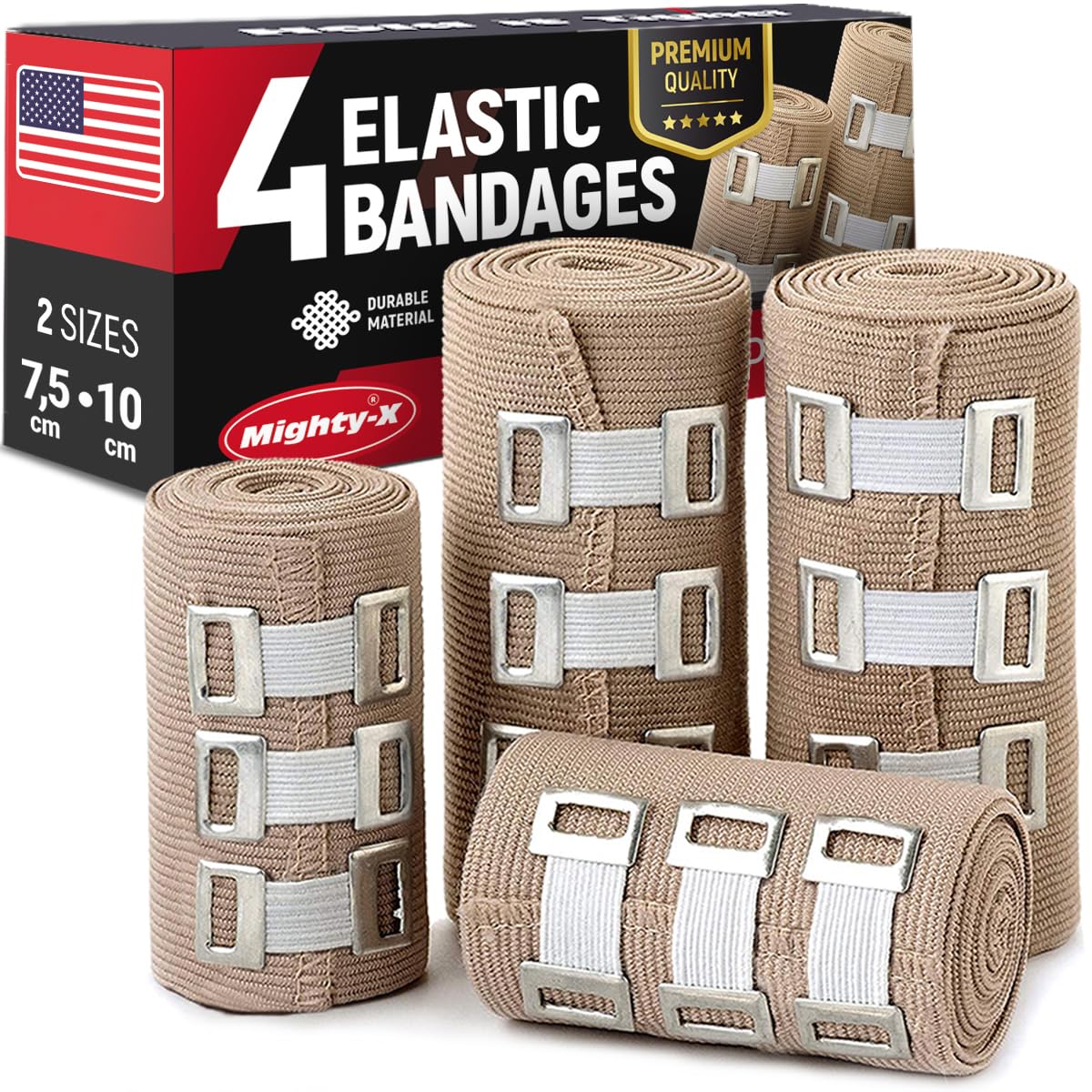 Premium Compression Bandage - 4pk (2x7.5 cm, 2x10 cm) with 12 Extra Clips - Durable Elastic Bandage Wrap - Stretches up to 4.6m - Reusable Elasticated Wrap for Legs, Wrists, Ankles, Knees and Feet