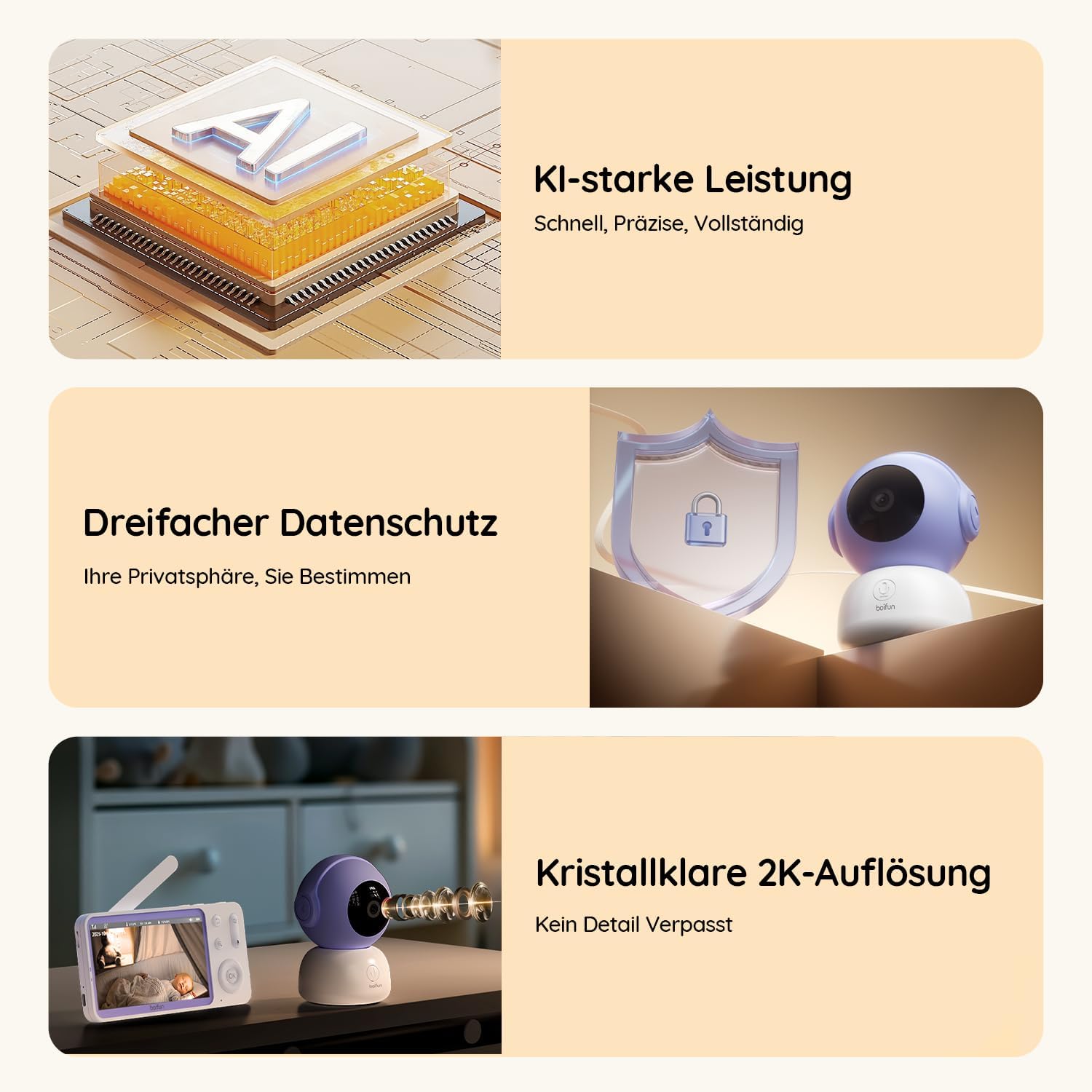 BOIFUN 2026 2K/3MP Babyphone mit Kamera WLAN, Nachtsicht ohne Sichtbares Licht, 5" Video Babyfon mit App, 360° Automatische Verfolgung, Weinen-, Bewegungs- und Geräuscherkennung, Temperaturerkennung 3