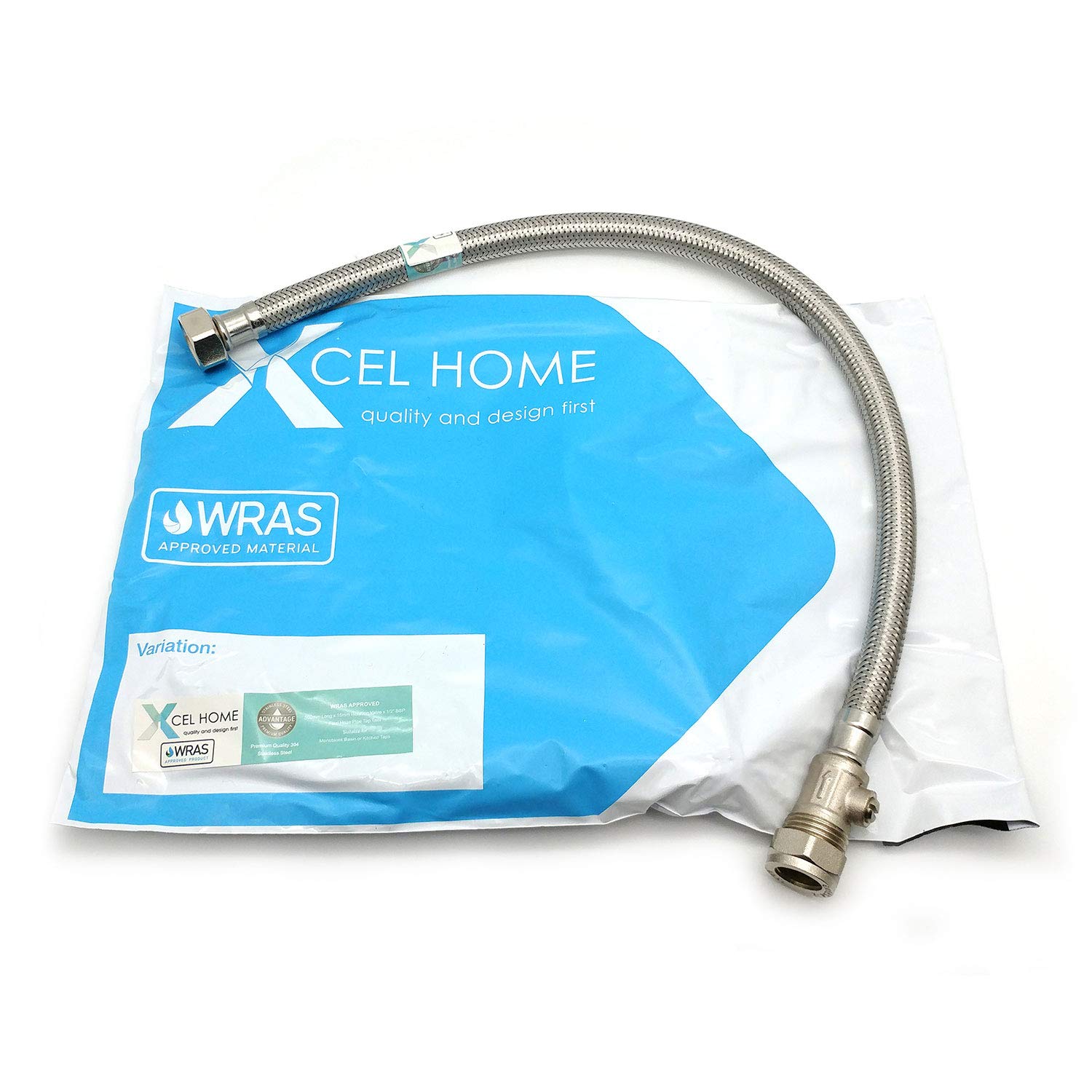 Xcel Home 1 x WRAS Approved 500mm 15mm Compression with Isolation Valve x 1/2" Flexible Pipe Connector | Kitchen Sink/Bathroom Basin Stainless Steel Braided Flexi Connectors