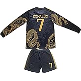 CEKFAX Ronaldo #7 Special Gold Black Dragon Edition Long Sleeve Football Soccer Kids Jersey Shorts Set Youth Sizes
